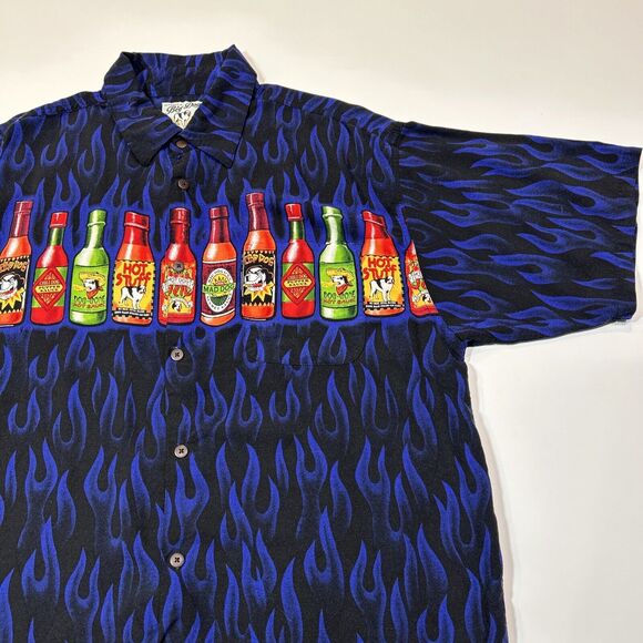 Big Dogs Shirt Adult Large Button Up Hot Sauce Flames Hawaiian Short Sleeve Mens - Picture 3 of 12